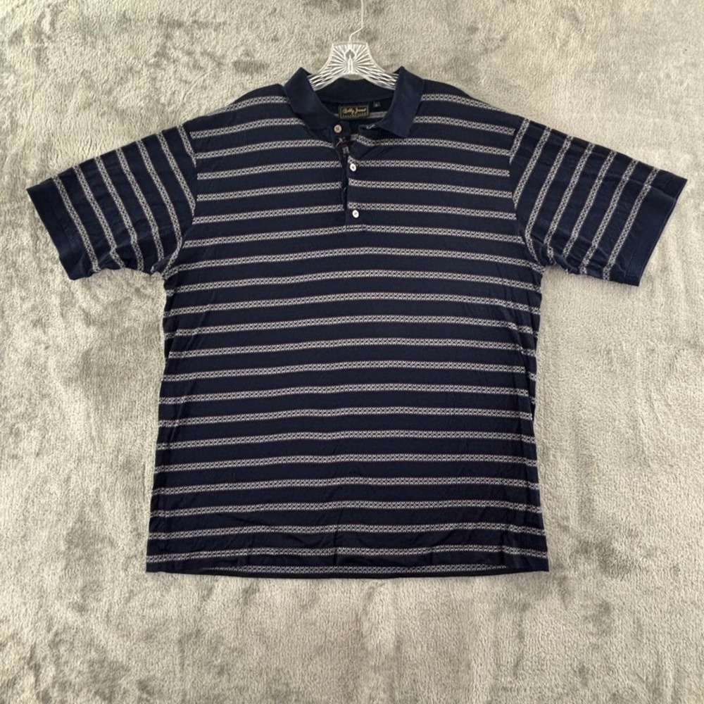 Bobby Jones Golf Polo Mens L Navy Stripe Cotton Italy Short Sleeve Shirt Vintage